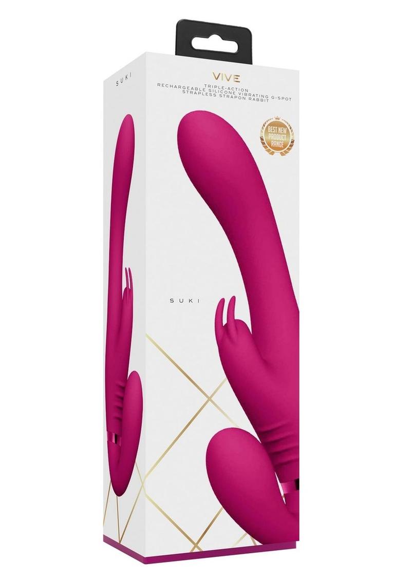 Vive Suki Rechargeable Silicone Vibrating Strapless Strap-On Rabbit - Pink