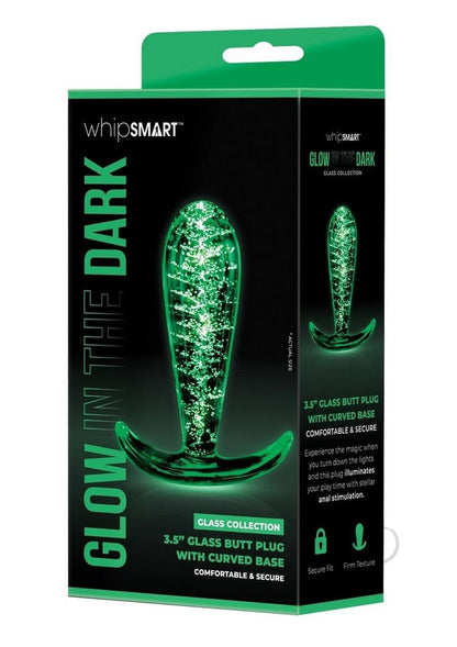 WhipSmart Glass Butt Plug with Curved Base - Clear/Glow In The Dark - 3.5in